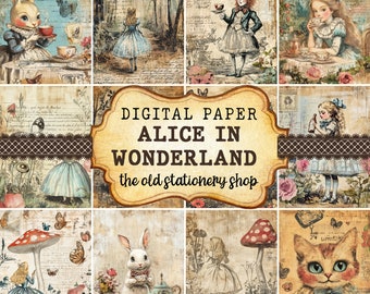 Alice in Wonderland Paper Pack Vintage Junk Journal Printable Pages Scrapbooking Ephemera Antique Planner Stationery PNG DIGITAL DOWNLOAD