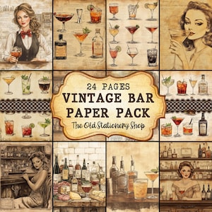 Confezione di carta da bar vintage, 24 pagine di diario spazzatura stampabile, barista, cocktail, bevande, scrapbooking, effimeri, cancelleria, DOWNLOAD DIGITALE