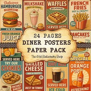 Puede incluir: Un conjunto de carteles de restaurante de estilo vintage. Los carteles presentan comida y bebidas clásicas de restaurante como hamburguesas, batidos, gofres, patatas fritas, zumo de naranja, galletas, sándwiches de queso a la plancha, cerveza de raíz, refresco de naranja y panqueques. Se muestra el texto "24 PAGES DINER POSTERS PAPER PACK".