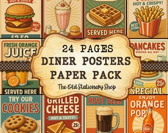 Retro Diner-affischer, papperspaket, 8x12-storlek, utskrivbara skräpjournalsidor, American Diner scrapbooking, ephemera brevpapper, digital nedladdning