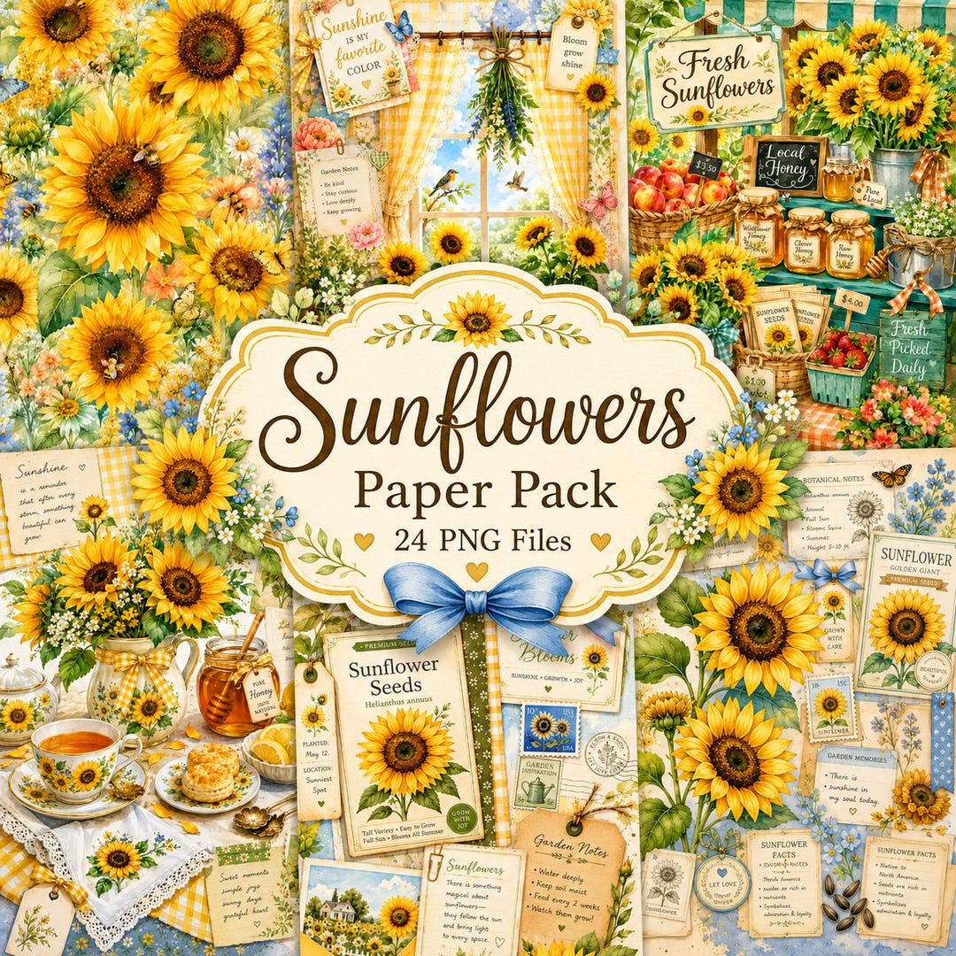 Sunflower Paper Pack Printable Junk Journal Pages Vintage Floral Yellow ...