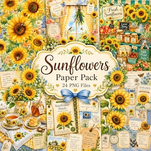 Może przedstawiać: Cyfrowy pakiet papieru zatytułowany "Sunflowers" z 24 plikami PNG. Obraz przedstawia kolaż ilustracji słoneczników, słoików miodu i etykiet w stylu vintage. Paleta kolorów obejmuje żółty, niebieski i biały.