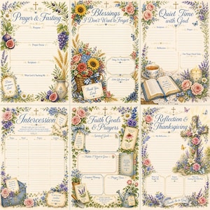 May include: A set of six printed prayer journal pages featuring floral borders, wheat, and fruit illustrations. Each page includes headings like Prayer & Fasting, Blessings I Don't Want to Forget, Quiet Time with God, Intercession, Faith Goals & Prayers, and Reflection & Thanksgiving with lined sections.
