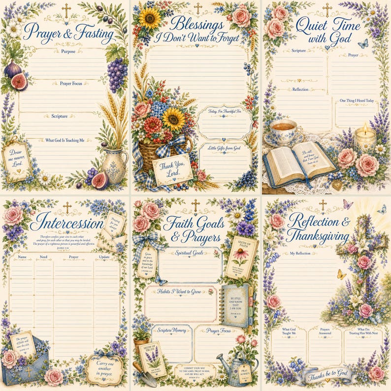 May include: A set of six printed prayer journal pages featuring floral borders, wheat, and fruit illustrations. Each page includes headings like Prayer & Fasting, Blessings I Don't Want to Forget, Quiet Time with God, Intercession, Faith Goals & Prayers, and Reflection & Thanksgiving with lined sections.