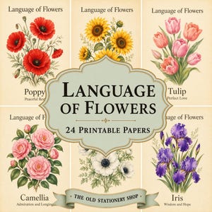 Op de afbeelding: Een verzameling botanische illustraties met rode klaprozen, gele zonnebloemen, roze tulpen, roze camelia's, witte anemonen en paarse irissen. De tekst luidt Language of Flowers, 24 Printable Papers en The Old Stationery Shop.