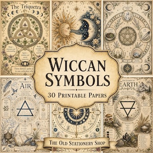 Wiccan Symbols Paper Pack, 30 Printable Pages, Vintage Grimoire Book of Shadows Witch Junk Journal Stationery Scrapbook DIGITAL DOWNLOAD