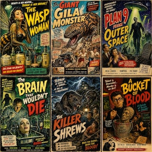 K&ouml;nnte beinhalten: Eine Sammlung von sechs Vintage-Horrorfilmplakaten mit The Wasp Woman, The Giant Gila Monster, Plan 9 from Outer Space, The Brain That Wouldn't Die, The Killer Shrews und A Bucket of Blood mit farbenfrohen Illustrationen und fettgedrucktem Text.