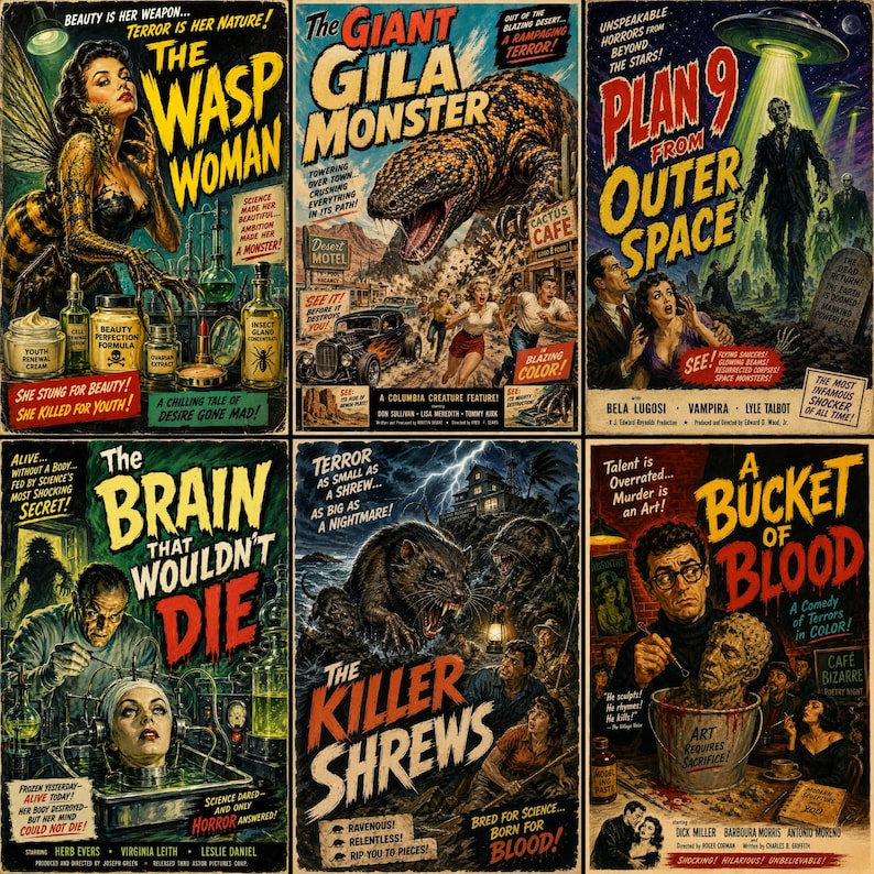 K&ouml;nnte beinhalten: Eine Sammlung von sechs Vintage-Horrorfilmplakaten mit The Wasp Woman, The Giant Gila Monster, Plan 9 from Outer Space, The Brain That Wouldn't Die, The Killer Shrews und A Bucket of Blood mit farbenfrohen Illustrationen und fettgedrucktem Text.