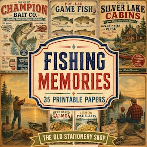 Fiskeminnen Papperspaket, 35 Utskrivbara Sidor, Vintage Fiskeposters, Fiskskräpdagbok Scrapbook Ephemera Stationery DIGITAL NEDLADDNING