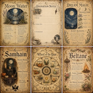 May include: A set of six rectangular parchment-style prints featuring vintage-inspired illustrations and text. The designs include Moon Water, Divination Notes, Dream Magic, Samhain, The Wheel of the Year, and Beltane, all decorated with botanical and celestial motifs.