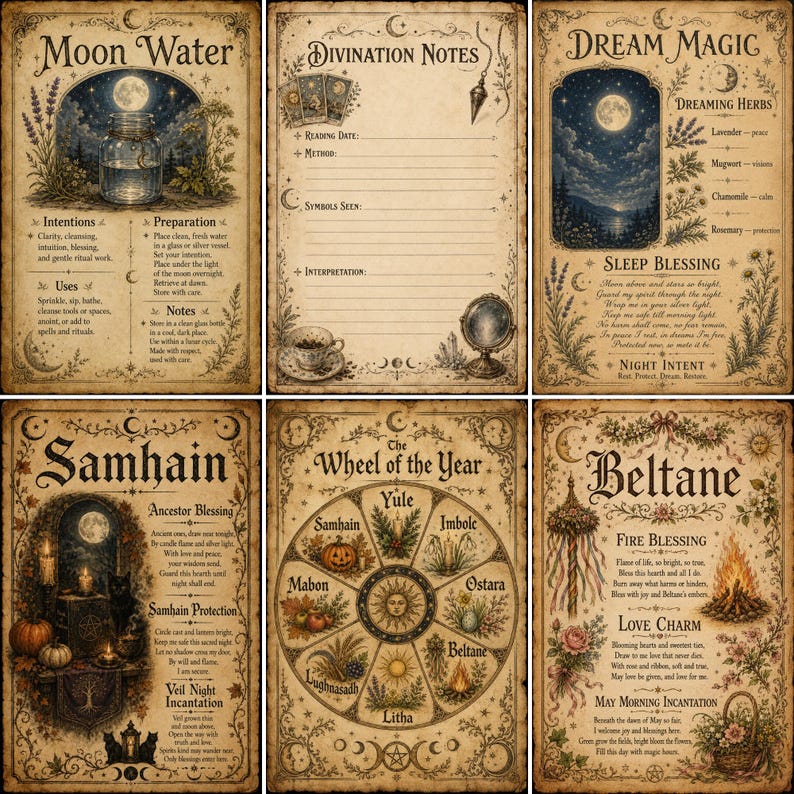 May include: A set of six rectangular parchment-style prints featuring vintage-inspired illustrations and text. The designs include Moon Water, Divination Notes, Dream Magic, Samhain, The Wheel of the Year, and Beltane, all decorated with botanical and celestial motifs.
