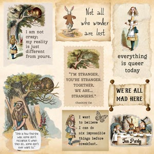 Alice nel paese delle meraviglie Vintage Ephemera, 3 pagine stampabili Junk Journal Scraps Adesivi, Scrapbooking Planner Cancelleria PNG DOWNLOAD DIGITALE