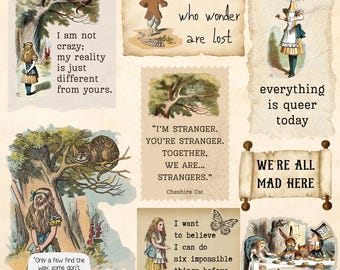 Alice in Wonderland Vintage Ephemera, 3 Pages Printable Junk Journal Scraps Stickers, Scrapbooking Planner Stationery PNG DIGITAL DOWNLOAD