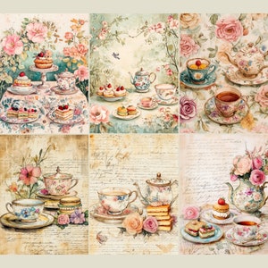 May include: A collage of six images featuring vintage teacups, teapots, and floral patterns. The images are arranged in a grid pattern and feature a variety of colors, including pink, blue, green, and white.
