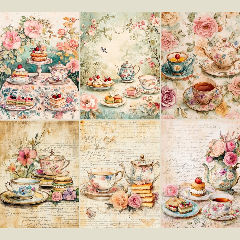 May include: A collage of six images featuring vintage teacups, teapots, and floral patterns. The images are arranged in a grid pattern and feature a variety of colors, including pink, blue, green, and white.