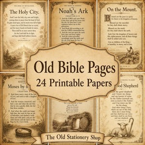 May include: A collection of 24 printable papers featuring vintage-style Bible pages with sepia-toned backgrounds, decorative borders, and illustrations. The text includes passages from Revelation, Genesis, and the Gospels, with the title Old Bible Pages.