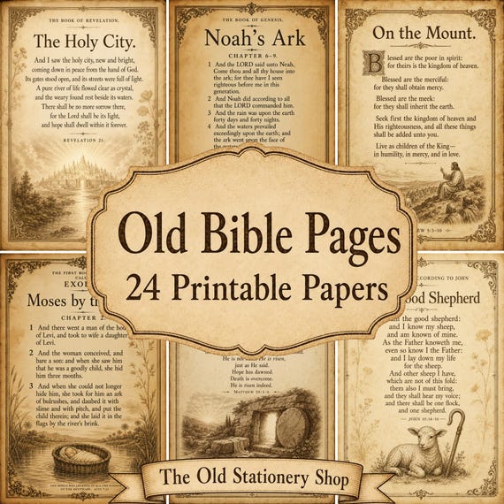 Old Bible Pages, 24 Printable Vintage Junk Journal Paper Pack, Faith Scriptures Ephemera Christian Stationery Scrapbook DIGITAL DOWNLOAD
