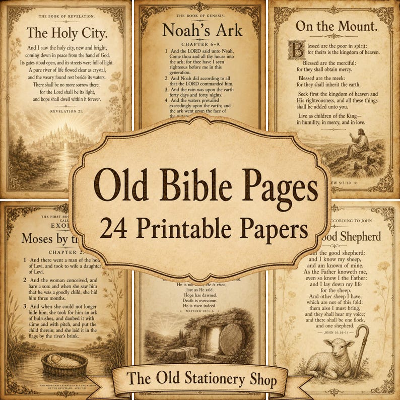 Puede incluir: Una colecci&oacute;n de 24 papeles imprimibles con p&aacute;ginas de la Biblia de estilo antiguo, fondos en tono sepia, bordes decorativos e ilustraciones. El texto incluye pasajes de Apocalipsis, G&eacute;nesis y los Evangelios, con el t&iacute;tulo Old Bible Pages.