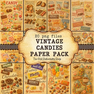 Vintage Candies Paper Pack, 20 Pages Printable Junk Journal, Chocolate Ephemera, Retro Scrapbooking Planner Stationery PNG DIGITAL DOWNLOAD