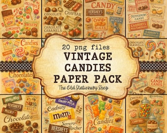 Papperspaket med vintagegodis, 20 sidor utskrivbar skräpjournal, chokladephemera, retro scrapbookingplanerare, brevpapper, PNG, digital nedladdning
