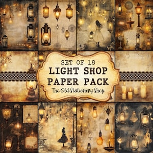 May include: A set of 18 digital papers featuring vintage-style illustrations of lanterns, candles, and light bulbs. The papers are in warm tones of brown, yellow, and orange, with a distressed, aged look. The title "Set of 18 Light Shop Paper Pack" is displayed in a vintage-style font.