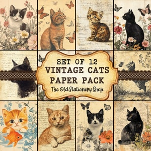 Paquet de papier chats vintage vintage chat indésirable journal pages imprimables scrapbooking éphémères antique agenda papeterie feuille TÉLÉCHARGEMENT NUMÉRIQUE PNG