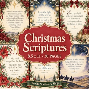 Puede incluir: Una colección de páginas de escrituras navideñas con textos religiosos, escenas de natividad y bordes florales festivos. La etiqueta roja central muestra el texto Christmas Scriptures 8.5 x 11 - 30 PAGES y The Old Stationery Shop.