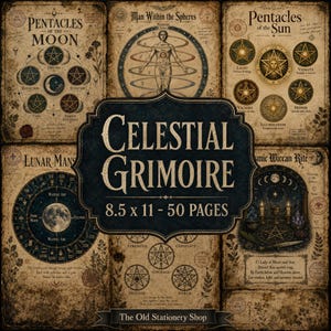 May include: A collection of vintage-style parchment pages titled Celestial Grimoire, 21.6 x 27.9 cm - 50 pages. The pages feature intricate illustrations of pentacles, lunar cycles, and celestial diagrams with aged, stained textures and detailed black text.
