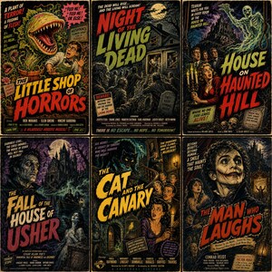 K&ouml;nnte beinhalten: Eine Sammlung von sechs Vintage-Horrorfilmplakaten mit The Little Shop of Horrors, Night of the Living Dead, House on Haunted Hill, The Fall of the House of Usher, The Cat and the Canary und The Man Who Laughs mit d&uuml;steren Illustrationen.