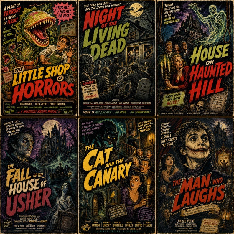 K&ouml;nnte beinhalten: Eine Sammlung von sechs Vintage-Horrorfilmplakaten mit The Little Shop of Horrors, Night of the Living Dead, House on Haunted Hill, The Fall of the House of Usher, The Cat and the Canary und The Man Who Laughs mit d&uuml;steren Illustrationen.