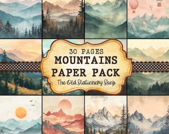 Berge Papierpaket, 30 Seiten druckbares Junk Journal, Vintage Ephemera, druckbare Bergwandkunst, Scrapbook Blätter PNG DIGITAL DOWNLOAD
