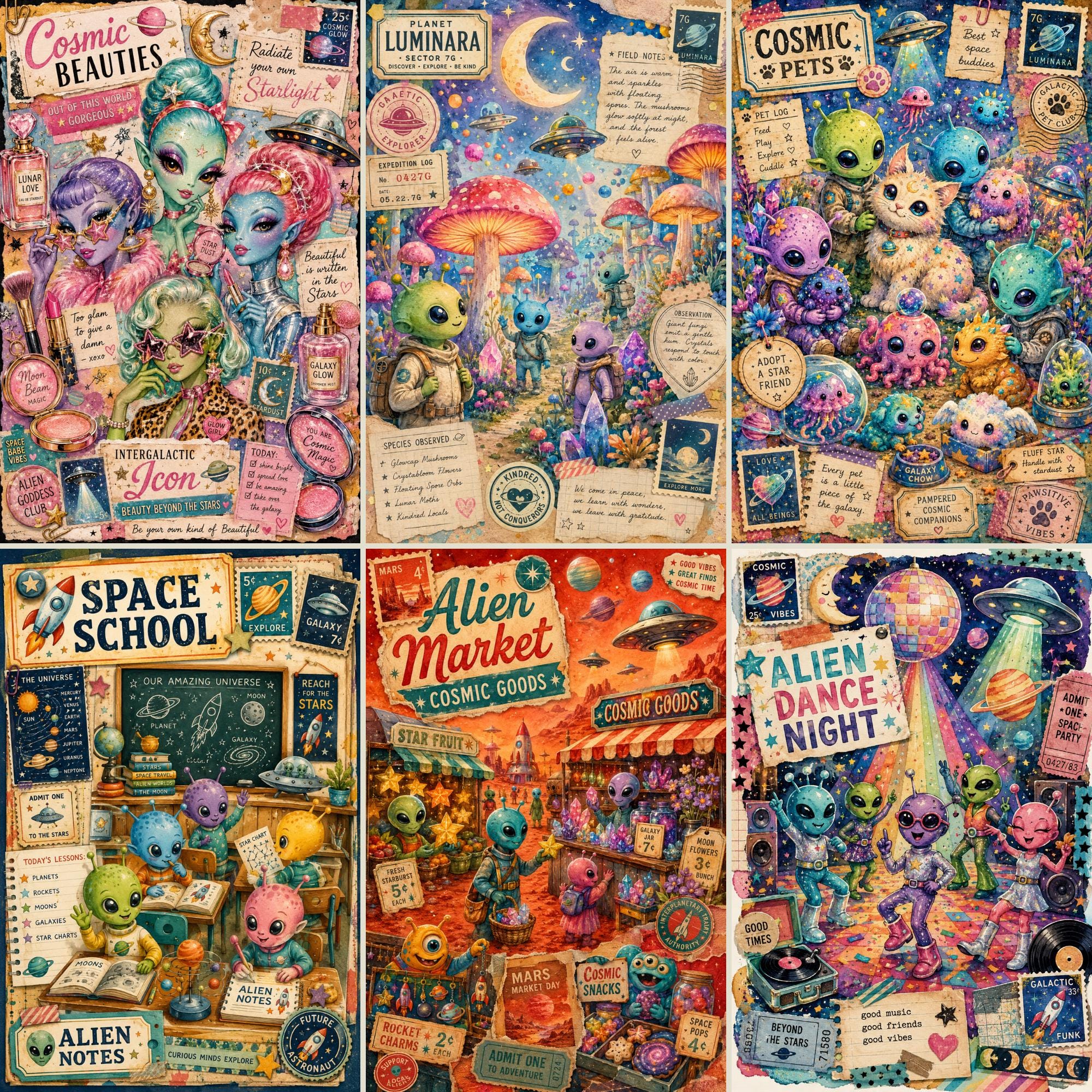 Retro Aliens Paper Pack, Printable Junk Journal Pages, Shabby Funny ...