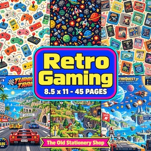 May include: A Retro Gaming activity book with a cover featuring a collage of video game controllers, space themes, and game cartridges. The central text reads Retro Gaming 8.5 x 11 - 45 PAGES, with The Old Stationery Shop at the bottom.