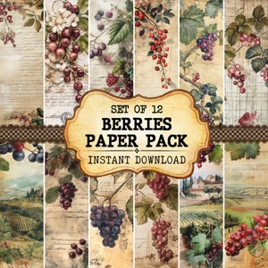May include: A digital paper pack with 12 images featuring vintage style illustrations of berries, grapes, and vines. The images are in a rustic, vintage style with a brown and cream color scheme. The text "Set of 12 Berries Paper Pack Instant Download" is on a brown label.