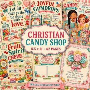May include: A Christian Candy Shop activity book measuring 8.5 by 11 inches with 42 pages. The cover features colorful illustrations of candy jars, lollipops, flowers, and children, with religious text including Let all that ye do be done with love.