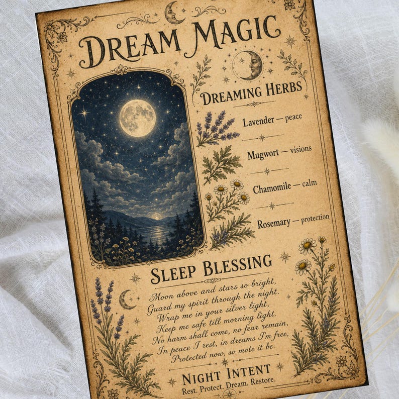 May include: A rectangular poster with a vintage parchment background featuring the text DREAM MAGIC. It displays a full moon over a dark forest landscape, a list of herbs including lavender, mugwort, chamomile, and rosemary, and a Sleep Blessing poem.
