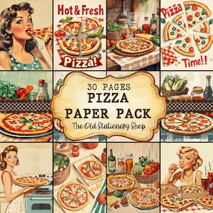 Pacote de papel para pizza, conjunto de diário de 30 páginas para impressão, arte de parede para pizza, itens de comida retrô, artigos de papelaria vintage para scrapbooking, download digital