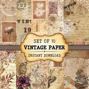 10 Vintage Papier zum Ausdrucken, Digital Junk Journal Kit, Collage Sheet, antike Ephemera Seiten, Grungy altes Scrapbook Papier PDF SOFORTIGER DOWNLOAD