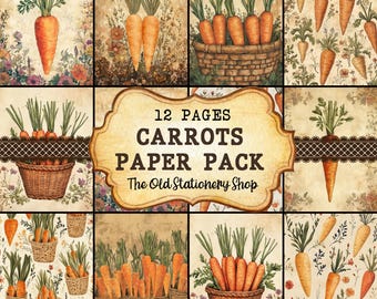 May include: A digital paper pack with 12 pages featuring illustrations of carrots in baskets and on a background of flowers and leaves. The title of the pack is "12 Pages Carrots Paper Pack" and the name of the shop is "The Old Stationery Shop".