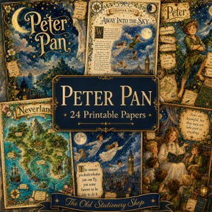 Op de afbeelding: Een verzameling van 24 printbare papieren met Peter Pan-illustraties, waaronder een kaart van Neverland, scènes van kinderen die over Londen vliegen en tekstfragmenten. De ontwerpen gebruiken een donkerblauw, goud en groen kleurenpalet met typografie in vintage-stijl en decoratieve randen op de verschillende pagina's.