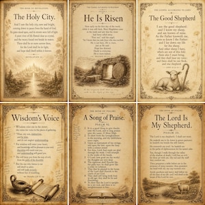 Puede incluir: Un conjunto de seis p&oacute;steres de estilo vintage con vers&iacute;culos b&iacute;blicos e ilustraciones. Cada impresi&oacute;n muestra texto en tonos sepia con bordes ornamentados, representando escenas como la Ciudad Santa, una tumba vac&iacute;a, un cordero, una l&aacute;mpara de aceite y paisajes pastorales.