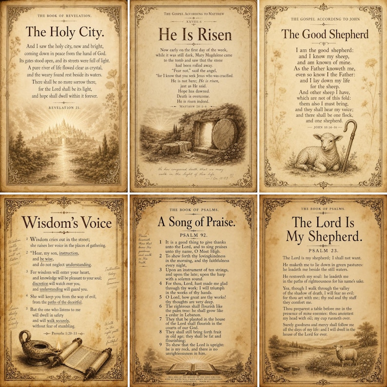 Puede incluir: Un conjunto de seis p&oacute;steres de estilo vintage con vers&iacute;culos b&iacute;blicos e ilustraciones. Cada impresi&oacute;n muestra texto en tonos sepia con bordes ornamentados, representando escenas como la Ciudad Santa, una tumba vac&iacute;a, un cordero, una l&aacute;mpara de aceite y paisajes pastorales.