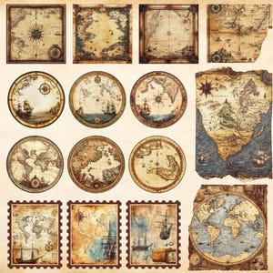 Cartes vintage éphémères imprimables, 5 feuilles d'autocollants, restes de timbres, carnet de cartes anciennes, cartographie, cadeaux de papeterie TÉLÉCHARGEMENT NUMÉRIQUE