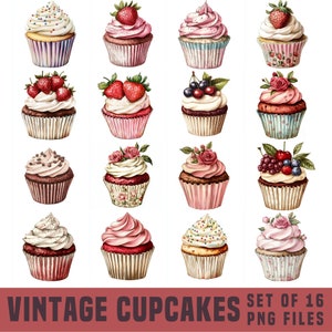 Vintage Cupcakes PNG Bundle, Set of 16 Printable Cupcake Ephemera Junk Journal Antique Scrapbook Planner Sticker Clipart DIGITAL DOWNLOAD