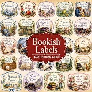 Può includere: Una collezione di etichette decorative con varie illustrazioni a tema librario e titoli come Cinderella, Snow White e Pride and Prejudice. L'etichetta rossa centrale mostra il testo Bookish Labels 120 Printable Labels.