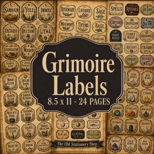 May include: A collection of vintage-style paper labels featuring text and illustrations related to witchcraft and crystals. The central black sign displays the text Grimoire Labels 8.5 x 11 - 24 Pages. The background consists of numerous small rectangular labels.
