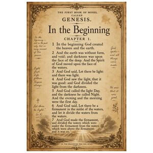 Puede incluir: Una impresi&oacute;n rectangular sobre papel pergamino envejecido con el texto del cap&iacute;tulo 1 del G&eacute;nesis, vers&iacute;culos 1 al 7. El dise&ntilde;o incluye un borde ornamentado de color marr&oacute;n oscuro, una ilustraci&oacute;n de nubes y rayos de sol y texto negro.