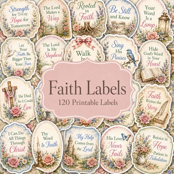 Éphémères religieux, étiquettes imprimables et autocollants, 10 pages - 120 pièces, verset de la Bible Christian Junk Journal Scrapbooking Papeterie TÉLÉCHARGEMENT NUMÉRIQUE