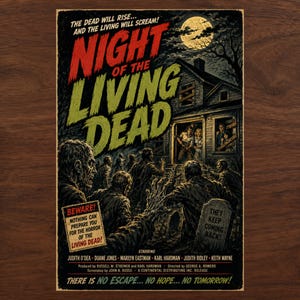 K&ouml;nnte beinhalten: Ein Filmplakat zu Night of the Living Dead mit einer d&uuml;steren, illustrierten Szene von Zombies, die ein Haus unter einem Vollmond umzingeln. Der Text lautet: The dead will rise, Night of the Living Dead, Beware! Nothing can prepare you for the horror, und They keep coming back.