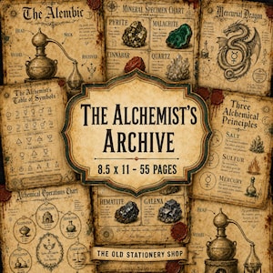 Op de afbeelding: Een verzameling perkamenten pagina's in vintage-stijl getiteld The Alchemist's Archive, met afmetingen van 21,59 x 27,94 cm. De pagina's bevatten gedetailleerde illustraties van alambieken, mineralen, alchemistische symbolen en grafieken.